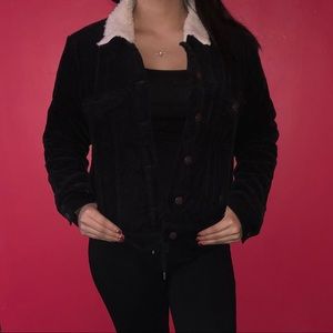 Black Jean Corduroy Jacket with Faux Fur Collar
